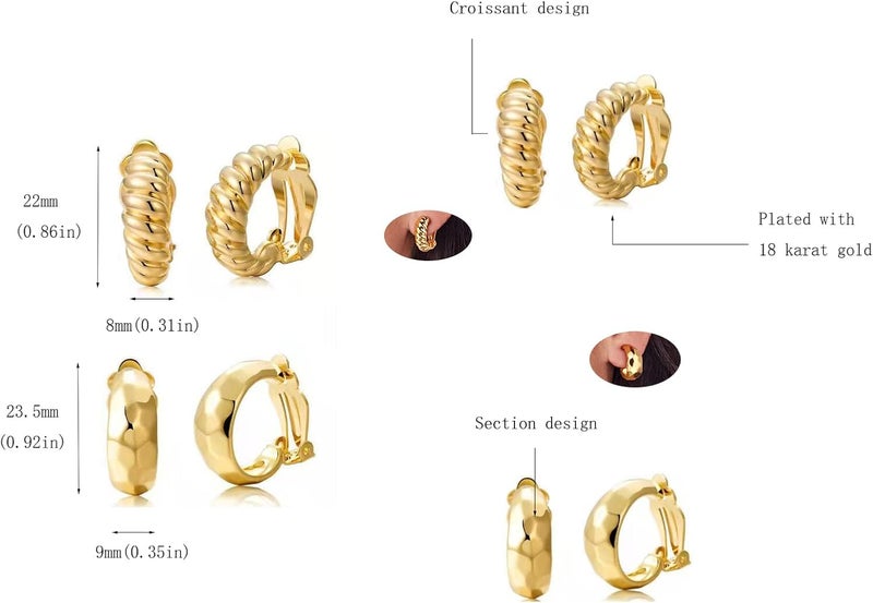 AllenCOCO Clip on Earrings Women, 14K Gold Hoop Clip-On Earrings for Women, Hypoallergenic Non Pierced Croissant Earrings - Image 2